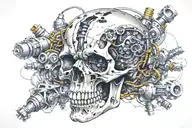 A biomechanical skull surrounded by electric bolts, symbolizing your work at the hydro electric dam tattoo design idea