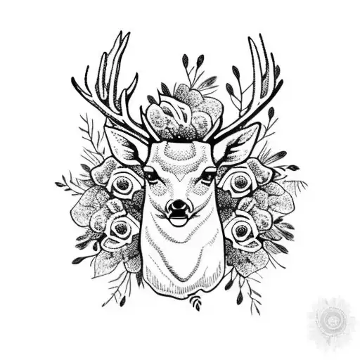 Deer head with flowers tattoo design idea