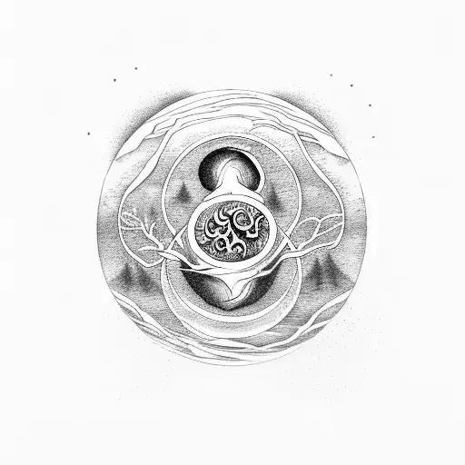 myth of Sisyphus with yin Yang and tree of life tattoo design idea