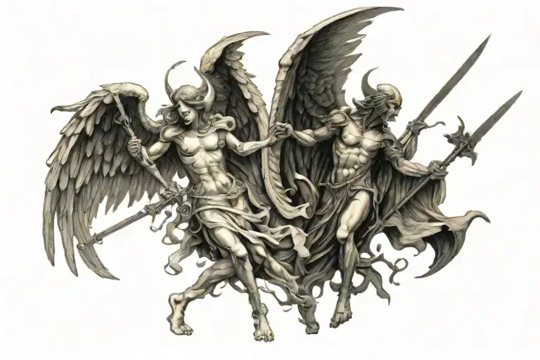 angels and demons fighting a battle between good and evil right and wrong..fine lines detailed image  tattoo design idea