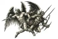 angels and demons fighting a battle between good and evil right and wrong..fine lines detailed image  tattoo design idea