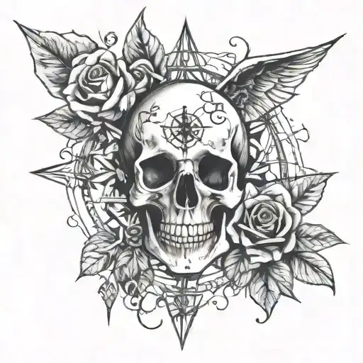 skull, roses and compass tattoo design idea