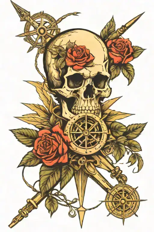 skull and roses and compass intertwined tattoo design idea
