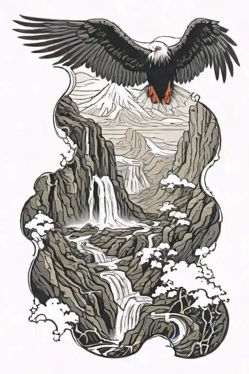 volcano erupting, snowcapped mountain, hiking trail with river running through ends at waterfall, andean condor, christ  tattoo design idea