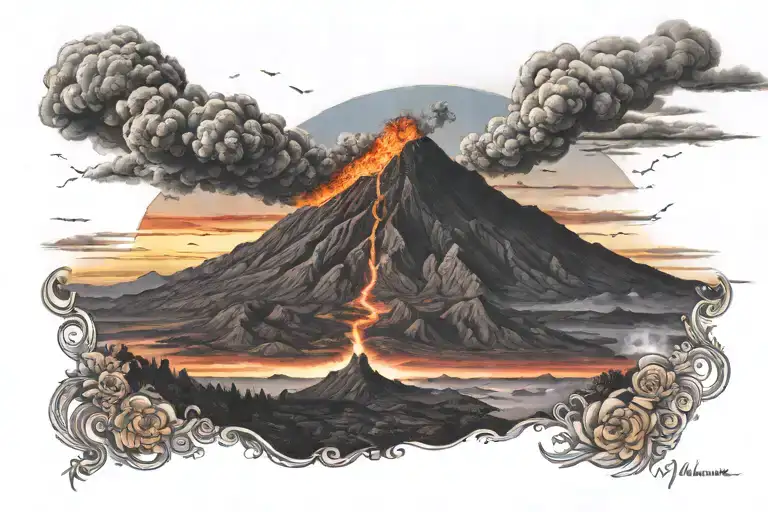 volcano erupting into a sunset sky tattoo design idea