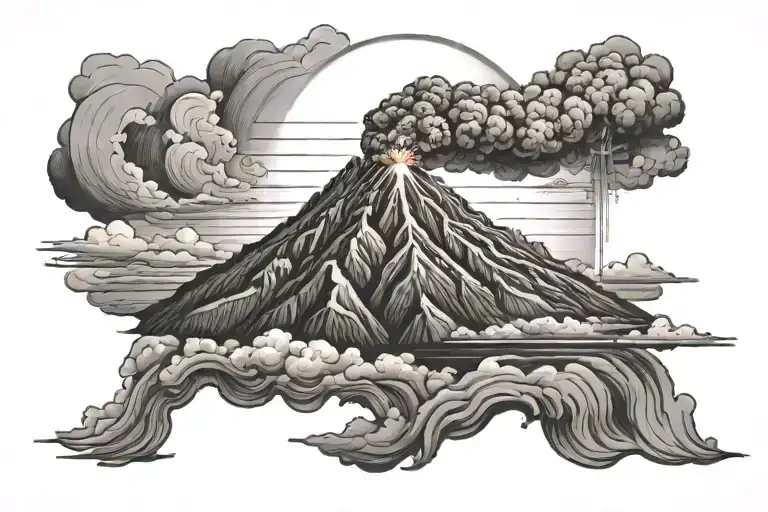 volcano erupting into a sunset sky tattoo design idea