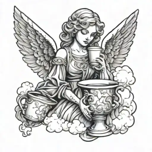 angel holding double cup with clouds  tattoo design idea