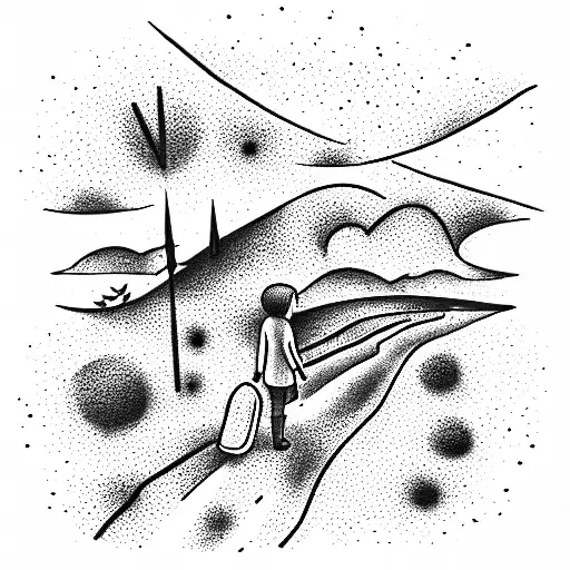 lonely traveller walking sunset hero tattoo design idea