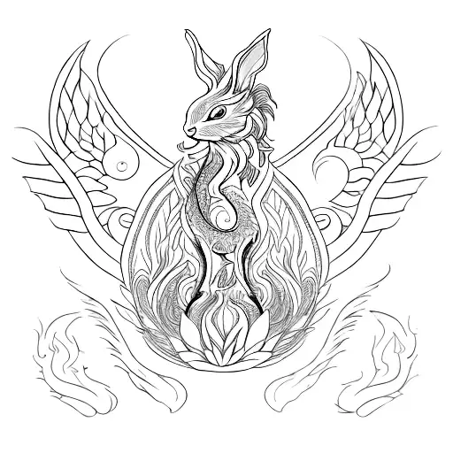 An intricate blackwork of a rabbit, a Phoenix and a dragon. tattoo design idea