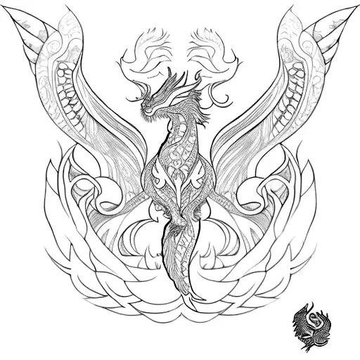 An intricate blackwork of three animals a rabbit, a Phoenix and a dragon. tattoo design idea