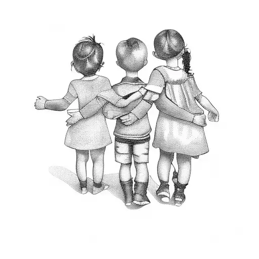 An intricate blackwork tattoo of three children holding hands, with each child representing one of the client's own children. tattoo design idea