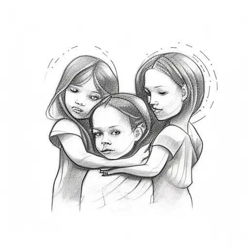 A sketch-style tattoo of a mother holding hands with her three children, with each child's name written beneath their hand. tattoo design idea