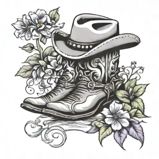cowboy hat, cowboy boots, violets and daisy's  tattoo design idea