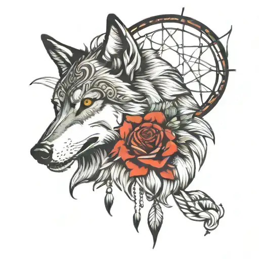 dream catch with a wolf howling tattoo design idea