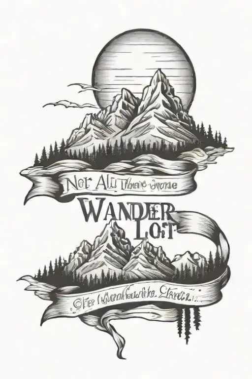 Writing: Not all those who wander are lost. Mountains and forest  tattoo design idea