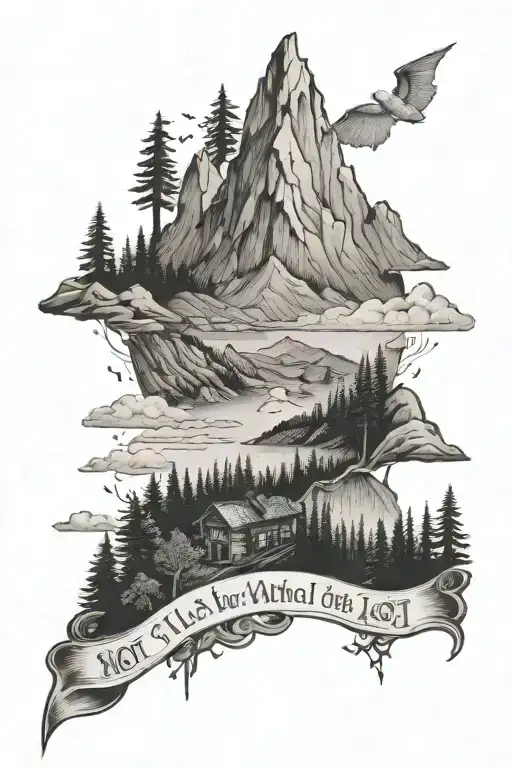 Writing: Not all those who wander are lost. Mountains and forest and lord of the rings connection  tattoo design idea