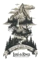 Writing: Not all those who wander are lost. Mountains and forest and lord of the rings connection  tattoo design idea