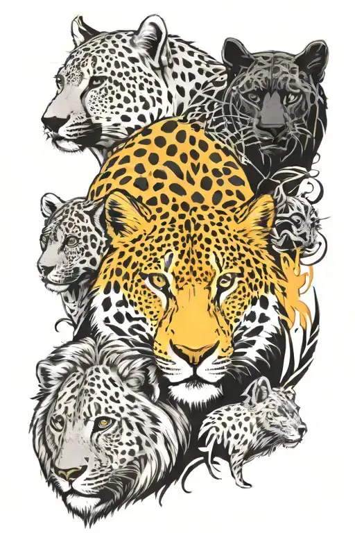 There are five wild animals: 1 cheetah, 1 bear, 1 lion, 1 tiger, 1 black panther, and 1 wolf protecting a queen. tattoo design idea