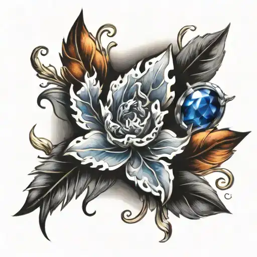 stone sapphire gemstone leaves and fire swirling tattoo design idea