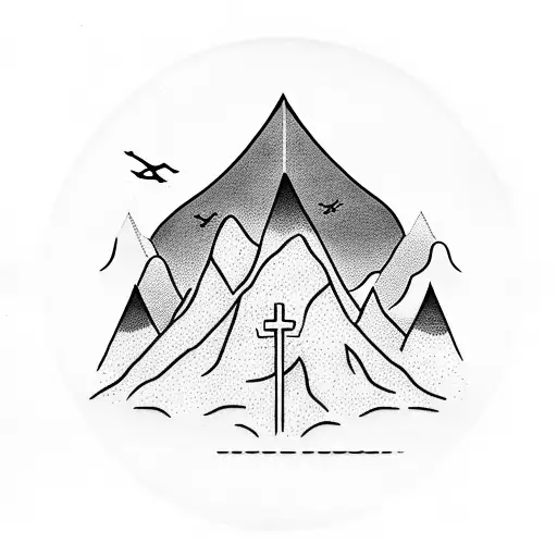 word Avlon with cotton wood trees in the back with a mountain with a cross on top tattoo design idea