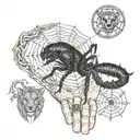 A Black Widow spider weaving a complex web on the hand, connecting to a powerful image of Ares at the shoulder, surrounded by a family scene of a lion, tiger, wolf, panther, and lioness, with a seahorse on the forearm, all unified by the spider's web tattoo design idea