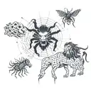 A Black Widow spider weaving a complex web on the hand, connecting to a powerful image of Ares at the shoulder, surrounded by a family scene of a lion, tiger, wolf, panther, and lioness, with a seahorse on the forearm, all unified by the spider's web tattoo design idea