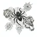 A Black Widow spider weaving a complex web on the hand, connecting to a powerful image of Ares at the shoulder, surrounded by a family scene of a lion, tiger, wolf, panther, and lioness, with a seahorse on the forearm, all unified by the spider's web tattoo design idea