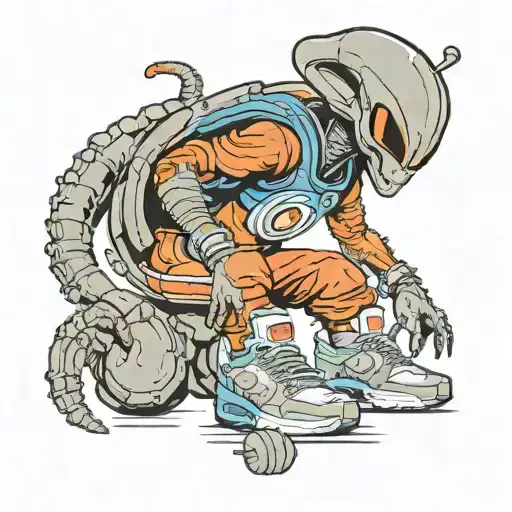 alien wearing a Knicks jersey and Infrared air max 90s tattoo design idea