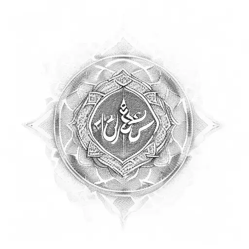 A sleeve showcasing various Arabic and Zoroastrian symbols in dotwork style tattoo design idea