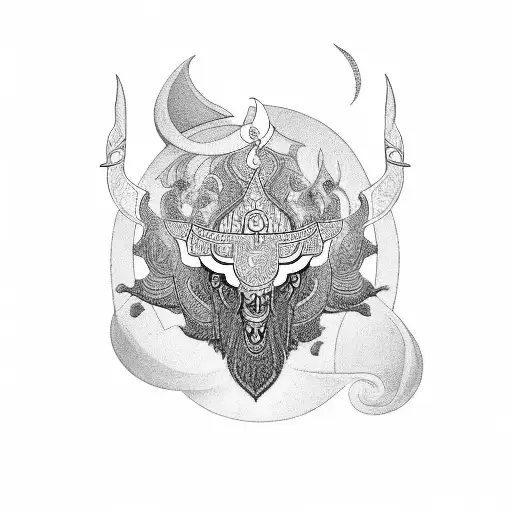 A black-grey tattoo depicting a powerful Arabic mythological creature surrounded by Zoroastrian symbols tattoo design idea