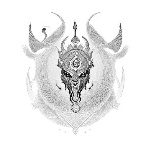 A black-grey tattoo depicting a powerful Arabic mythological creature surrounded by Zoroastrian symbols tattoo design idea
