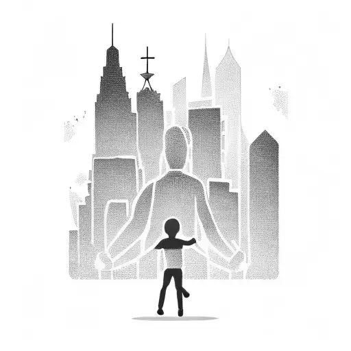 An abstract blackwork tattoo of a dad and child holding hands, with a cityscape silhouette in the background to represent the client's occupation in real estate tattoo design idea