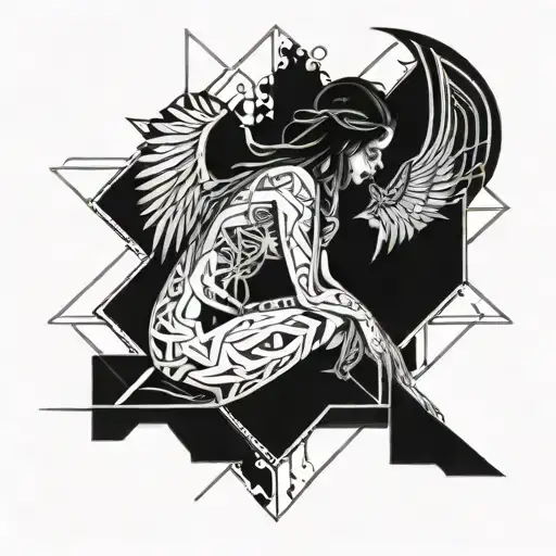 black and white cyber sigilism hunched angel girl seated on cross lat tattoo design idea