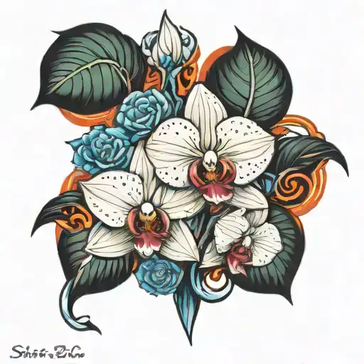 white orchid flowers with fire and ice roses  tattoo design idea