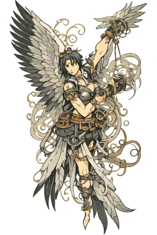 vorno with open wings and in one wing a hand with a bracelet tattoo design idea