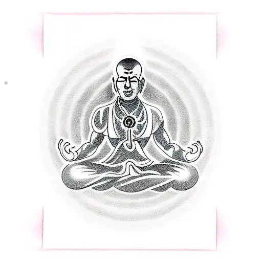 Meditating monk showing the chakras in front of a raised left fist in black and white. tattoo design idea