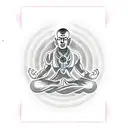 Meditating monk showing the chakras in front of a raised left fist in black and white. tattoo design idea