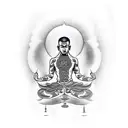 Meditating monk showing the chakras in front of a raised left fist in black and white. tattoo design idea