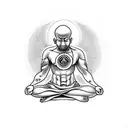 Meditating monk showing the chakras in front of a raised left fist in black and white. tattoo design idea