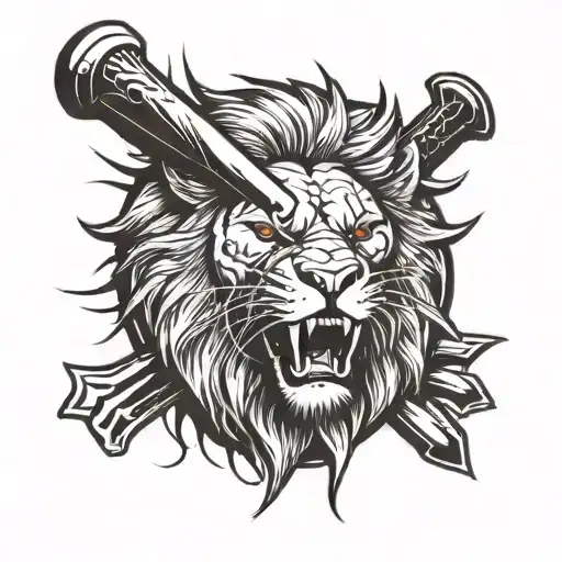 A fierce lion with a baseball bat in its mouth, surrounded by baseball stitches and a subtle eternal cross in the background tattoo design idea