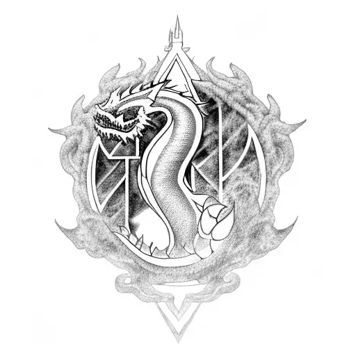 A realistic blackwork tattoo of a dragon flying over Hogwarts castle tattoo design idea