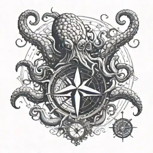 a large kraken coming out of the sea with a nautical compass rose in its tentacles tattoo design idea