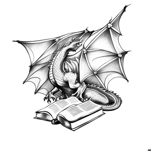 dragon with books tattoo design idea