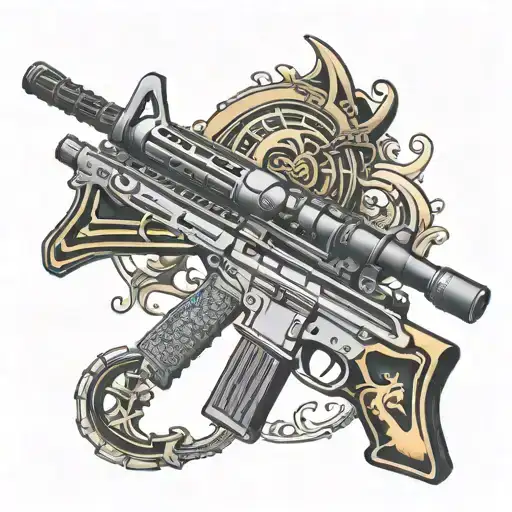 A tattoo design featuring a samurai sword crossed with an AR-15 rifle, symbolizing the fusion of traditional and modern weaponry tattoo design idea
