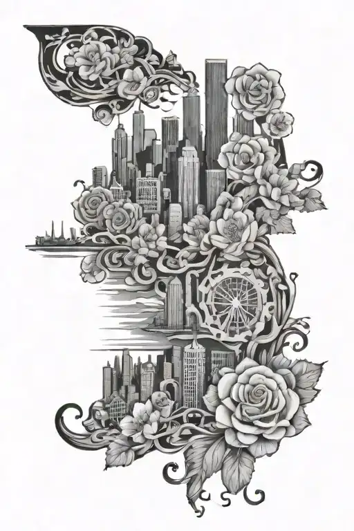 Detroit city skyline, open body of water, flower vines  tattoo design idea
