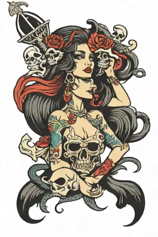 nude mermaid, pirate, anchor, skulls tattoo design idea