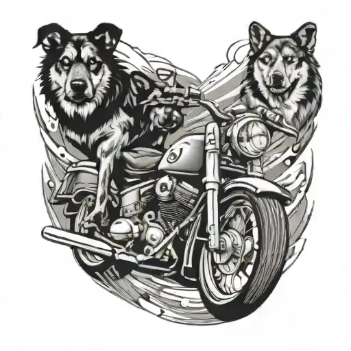 A black-grey tattoo of a stylized motorbike with a pack of dogs riding along, capturing your love for biking and dogs in a unique way tattoo design idea
