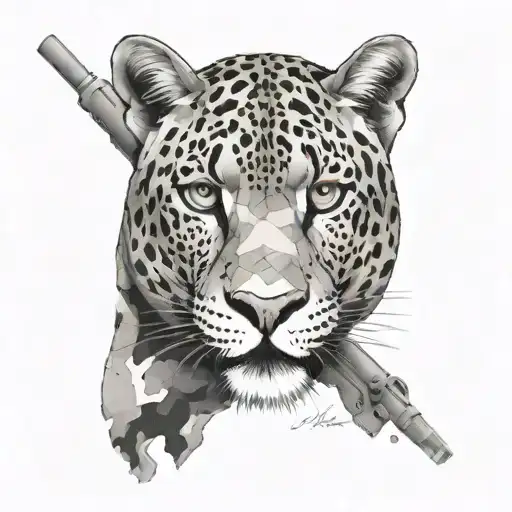 A black-grey tattoo of a stealthy panther blending into a camouflage background, embodying the stealth and agility of a sniper tattoo design idea