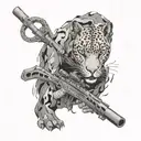 A black-grey tattoo of a stealthy panther blending into a camouflage background, embodying the stealth and agility of a sniper tattoo design idea