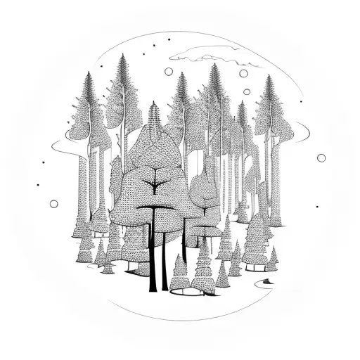 Forest with tall trees, a winding stream, and a waterfall. Add animals like deer and owls tattoo design idea